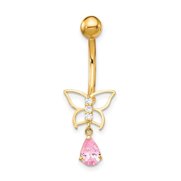 10k Yellow Genuine Gold with Dangle Drop Butterfly Pink Cz Belly Dangle Drop - Picture 3 of 4